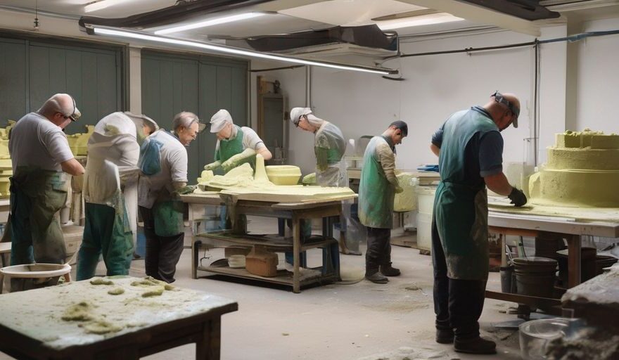 team of experts in a workshop creating moulds